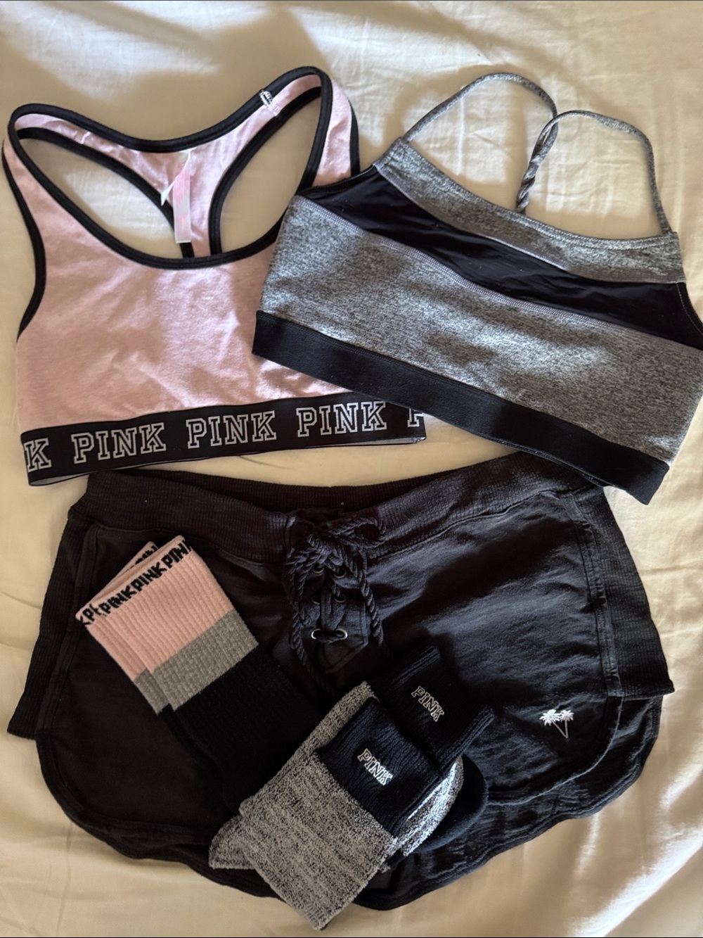 PINK Sports Bra Capezio Sports Bra, PINK Drawstring Shorts snd Socks Small